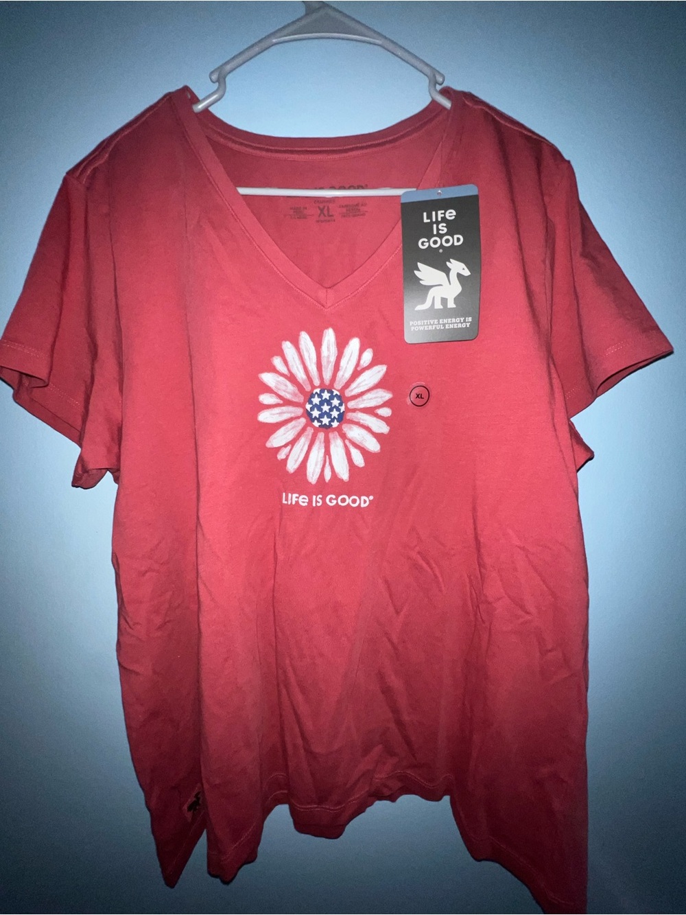 NWT~Life Is Good Red V-Neck Daisy Flag Graphic Tee